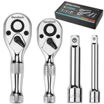 Duratech Stubby 1/4" & 3/8" Single Head Ratchets + Extension Bars, Silver. Fixed Price $33.99.