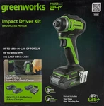 Greenworks 24V Cordless Impact Driver Kit, 2AH Batteries, Charger, Tool Bag. Fixed Price $104.49.